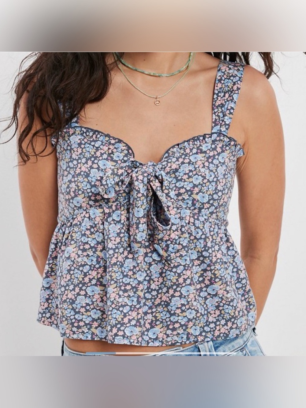 American Eagle Floral Crop Top Smocked Ruffle Tie Front Cottagecore L NWT
